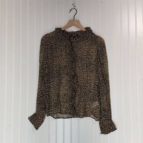 J. Crew Ruffle button-up shirt in leopard-print crinkle chiffon Sheer 6 Mobwife - Picture 1 of 11